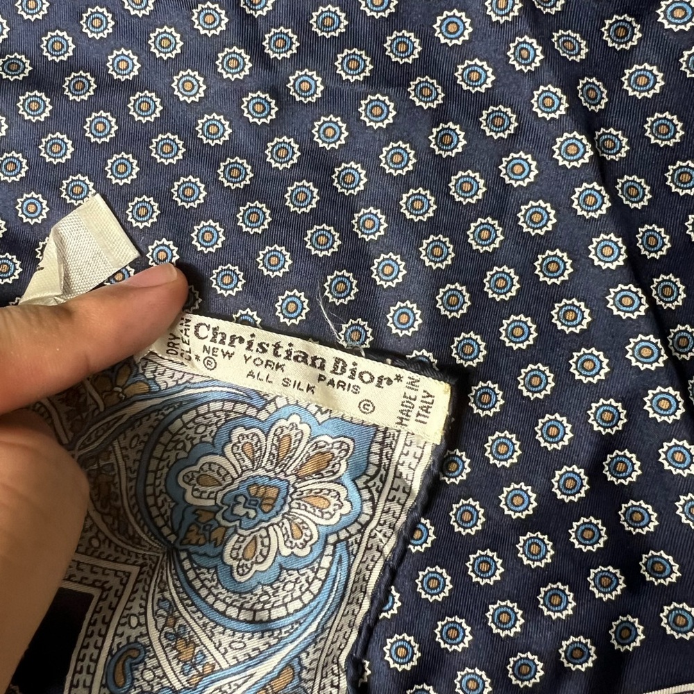 Christian Dior Navy Blue and Cream Patterned Silk Scarf - Picture 4 of 8